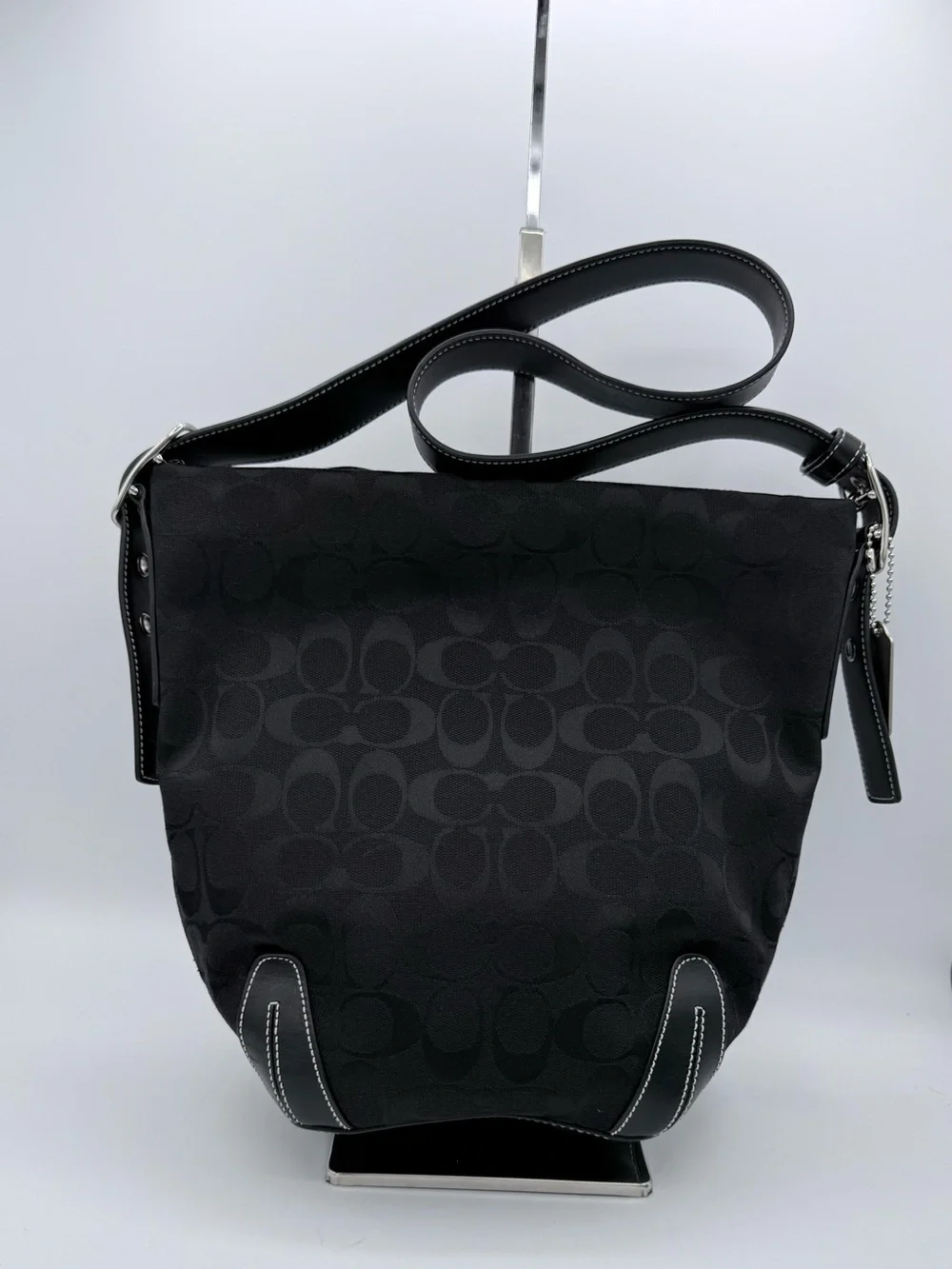 Coach Black Signature Canvas Shoulder Bag with Leather Trim